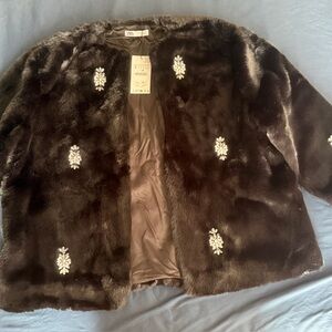Zara Black Faux Fur Coat with Crystal Accents